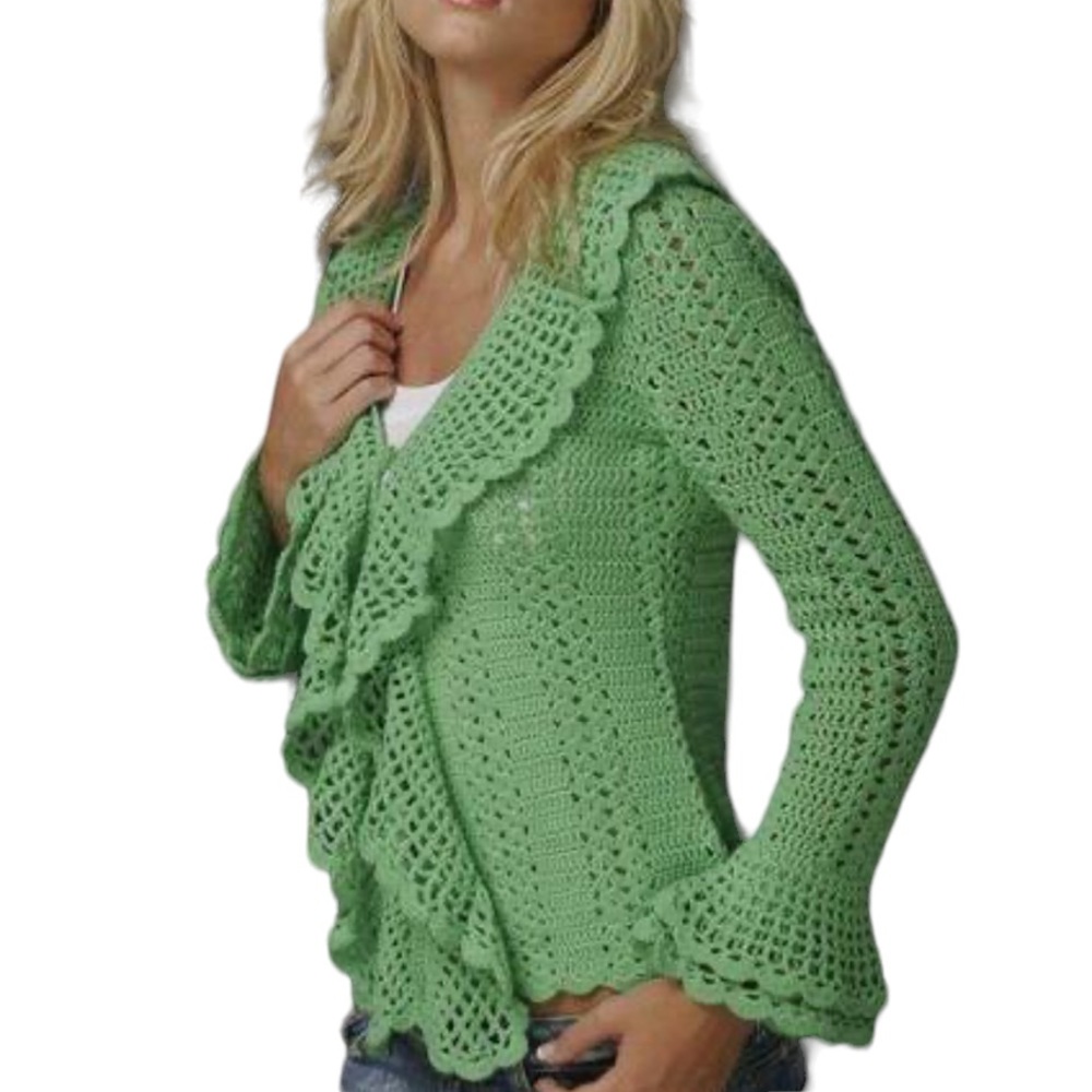 One Girl Who Anthropologie Green Crochet Ruffle Scalloped Draped Cardigan - M - Picture 12 of 12
